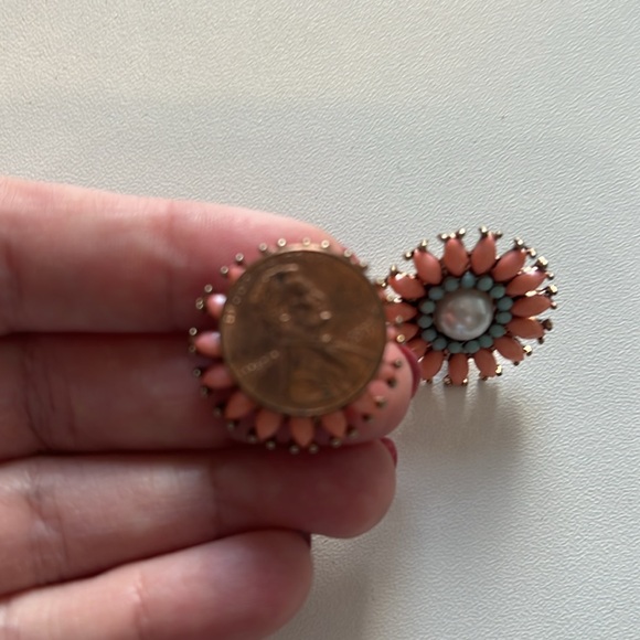 Vintage Coral Pink and Blue Sunburst Earrings with Faux Pearl Center - Picture 5 of 5